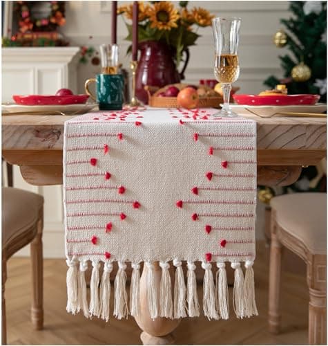 Christmas Table Runner 13 x 72 Inch Long Natural Cotton Woven Runner with Tassels for Home Dining Christmas Decorations, for Modern Farmhouse Holiday Boho Red Table Runner