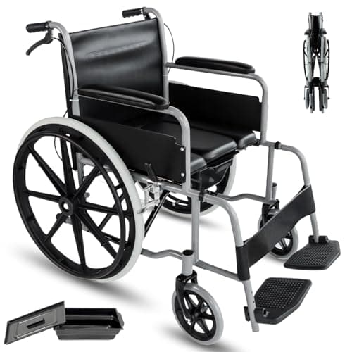 Eosprim Shower Chair with Wheels for Inside Shower, Lightweight Foldable Wheelchair, Rolling Shower Chair for Elderly & Disabled, Beside Commode Wheelchair