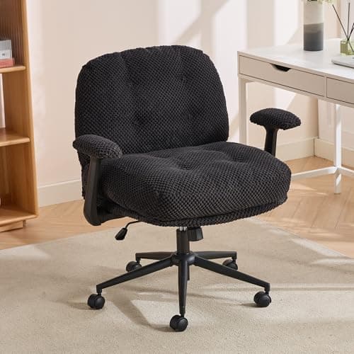 Criss Cross Chair with Flip-Up Armrests Comfortable, Cross Legged Office Chair on Wheels Adjustable Swivel Wider & Thickened, Ergonomic Desk Chair for Home Office, Vanity, Accent, Black