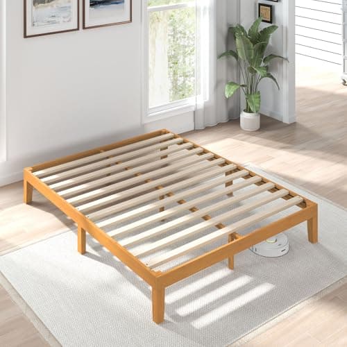 Sweetcrispy Solid Wood Bed Frame, Full Size Bed Base with Wood Slat Support, Sturdy, Stylish & Noise-Free Design, No Box Spring Needed, Easy Assembly, 12 in Natural Pine
