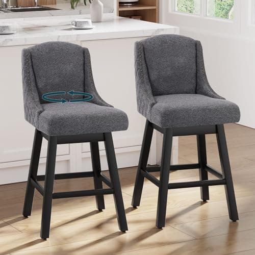 Raynesys Counter Height Bar Stools Set of 2, Upholstered Swivel Bar Stools with Soft Padding Cushion & Solid Wood Legs, Mid-Century Barstools with Back for Kitchen Island, 26" Height, Dark Gray