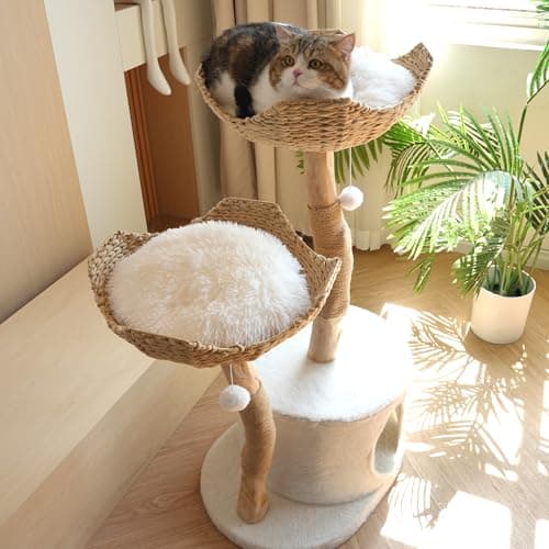 CAMTTIR Natural Modern Cat Tree Tower – Wooden Cat Condo with Dangling Ball, Cozy Baskets, Scratching Posts, for Large Indoor Cats, Solid Wood Aesthetic Pet Furniture(43" Tall)