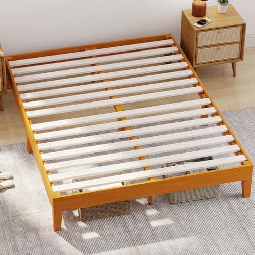 BLKMTY Wood Bed Frame, Queen Size Bed No Headboard Platform, with Under Storage Space, Easy Assembly, No Box Spring Needed, Wooden Slats BedFrame for Queen Size Mattress, Natural