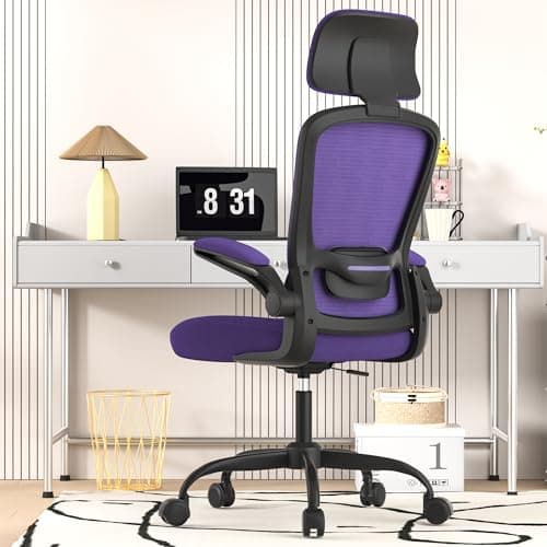 Ergonomic Office Chair for Long Hours & Back Pain Relief – Adjustable Lumbar Support & Headrest, High-Density Foam Cushion, Flip-Up Armrests, Perfect for Work & Study (Glam, Purple)