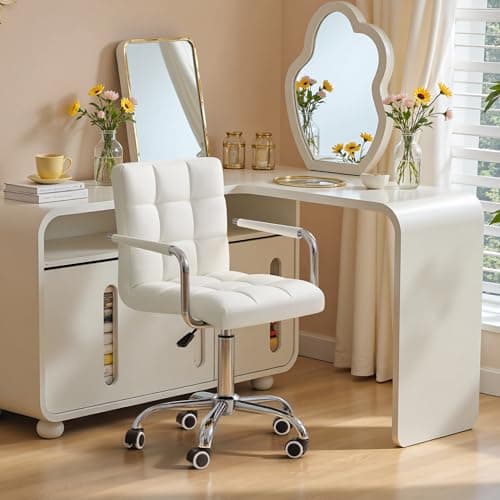 Furmax Vanity Office Chair with Wheels, Makeup PU Leather Executive Chair Modern Adjustable Home Desk Retro Comfortable Work Chair 360 Degree Swivel with Arms (White)
