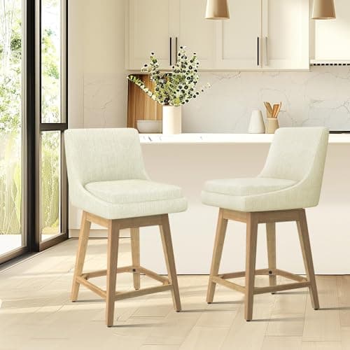 MUUEGM Counter Height Swivel Barstool with Back Set of 2,Memory Foam Upholstered Farmhouse Swivel Bar Stool, 26.8" H Seat Height, Linen Ivory