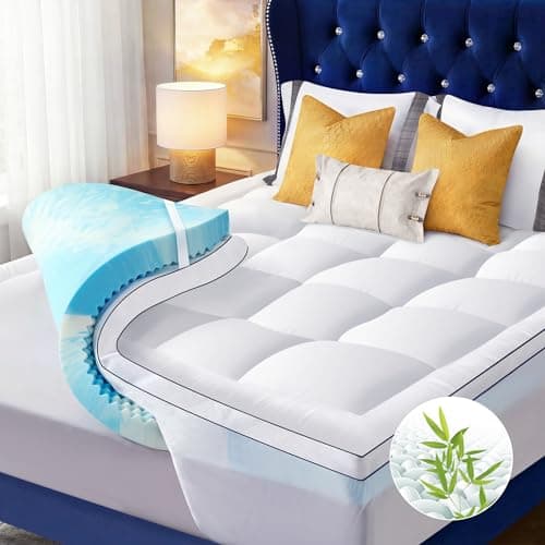 NicePlus Queen Size Dual Layer 4 Inch Memory Foam Mattress Topper, 2 Inch Fluffy Soft Pillow Top Mattress Pad Cover and 2 Inch Gel Memory Foam for Back Pain Relief, Breathable, Cooling