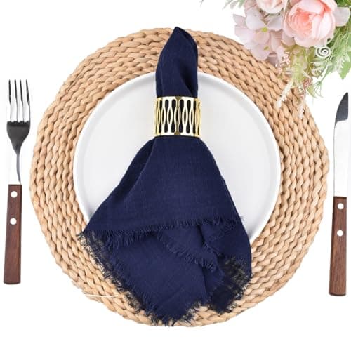 Dlpafzy Rustic Cloth Napkins 16.5x16.5 Inches Handmade Cotton Linen Napkins with Fringe Boho Washable Dinner Napkins in Bulk for Wedding Party Spring Table Decor Set of 4 Navy Blue, JMCN01