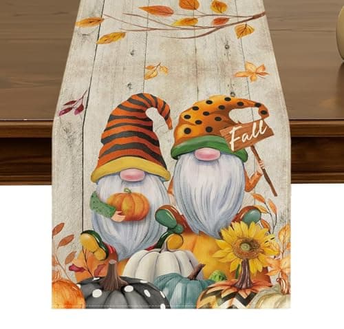 Fall Gnomes Table Runner 13x72 Inch Seasonal Harvest Autumn Thanksgiving Pumpkins Sunflower Leaves Kitchen Dining Table Decor for Indoor Outdoor Home Party Decoration ZQ32