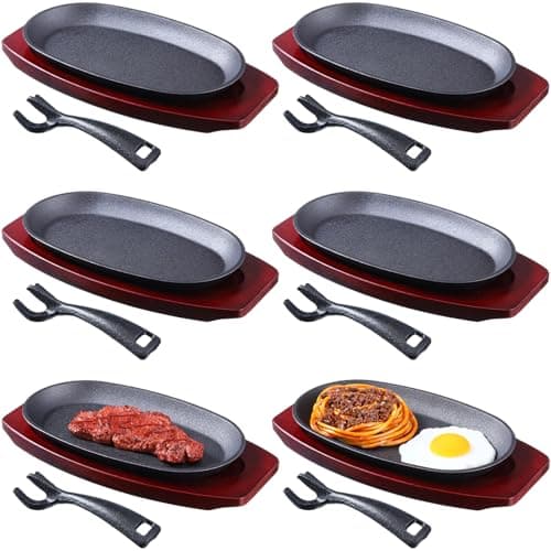 Mifoci 6 Pcs Oval Cast Iron Fajita Skillet Pan Set Small Sizzling Steak Plate with Wooden Base and Handle Cast Iron Fajita Skillet Sizzling Plate for Restaurant BBQ (9.5 in x 5.5 In)