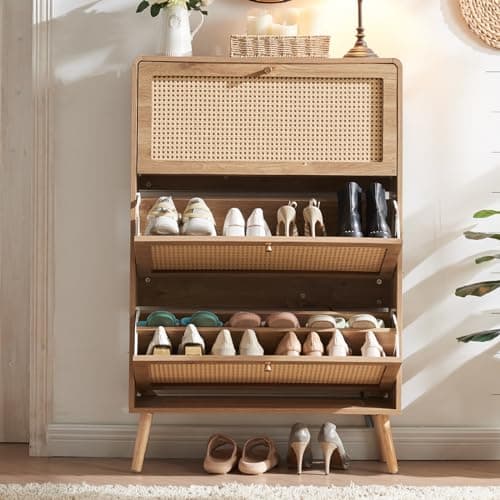 Anewome Rattan Shoe Cabinet, Slim Shoe Storage Cabinet for Entryway, 9.5" Narrow Flip Down Shoe Rack with 3 Drawers & Curved Corners, Freestanding Hidden Shoe Organizer, Natural Boho Style