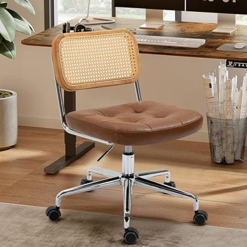 Newnno Mid Century Modern Home Office Chair with Wheels, Armless Leather Rattan Desk Chair, Upholstered Adjustable Height Swivel Computer Chair, Brown
