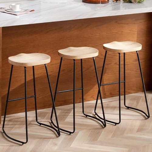 HeuGah 30 Inch Bar Stools Set of 3, Wooden Stool Counter Height Saddle Seat Bar Stools Backless Barstool for Kitchen Island Counter High Stools with Metal Leg (Burlywood, 3 PCS 30Inch Bar Stools)