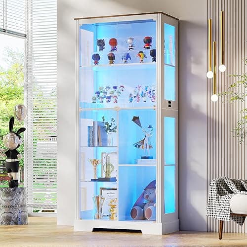 Lvifur 71” Display Cabinet with Glass Doors, Modern Curio Cabinet with 3 Color Lights, 7-Tiers Glass Display Cases for Collectibles, Tall Lego Storage Cabinet with Human Body Sensor (White)
