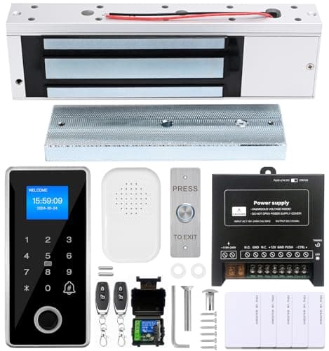 Waterproof Fingerprint Door Access Control System kit, Includes a 1200LB Magnetic Lock,RFID keypad, remotes, exit Button, Entry keypad, and a 110V AC to 12V DC Power Supply (Fingerprint-1200LB Kits)