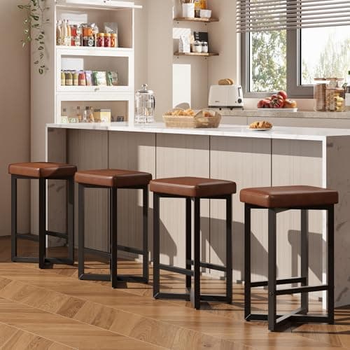 IDEALHOUSE Bar Stools Set of 4, 24.6" Counter Height Backless Barstools, Upholstered PU Leather Seats with Metal X-Frame & Footrest, Modern Kitchen Stools for Home Bar, Dining Room, Brown