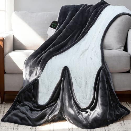 Throw Blanket with Foot Pocket - 54" x 63" Warm Lambswool Flannel Electric Heated Blanket, Machine Washable Heating Blankets with 6 Temperature Levels & 1-10 Hours Timer, Women Christmas Winter Gifts