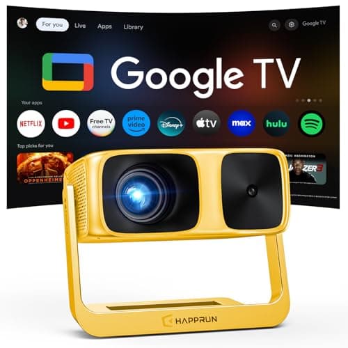 2000 ANSI Official Licensed Google TV Outdoor Projector 4K Full HD, Smart Projector with Wifi and Bluetooth, Auto Focus, Dolby Sound, Built-in Apps, Indoor Home Theater with 270° Stand-Yellow