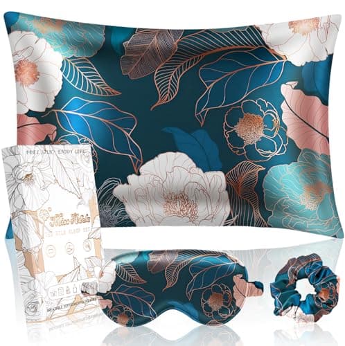 Miss Adola Mulberry Silk Pillow Case for Hair and Skin 19 Momme Standard 26"x20" Dark Blue Peony Silk Pillowcase with Eye Mask & Scrunchie Soft Silk Pillowcase Sleeping for Moms, Women