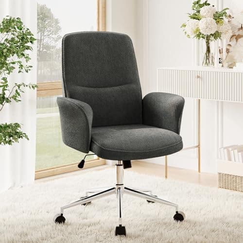 COLAMY Comfy Office Desk, Upholstered Fabric Computer Desk, Criss Cross with Wheels and Armrests, Swivel Adjustable Vanity for Home, Makeup, Office, Bedroom, Darkgrey