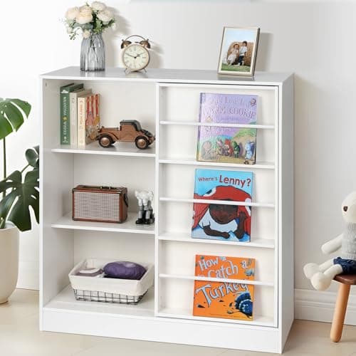 Cowiewie Toy Organizers and Storage, 5-Section Kids Bookshelf for Organizing Books Toys, Wooden Storage Cabinet for Playroom, School Classroom