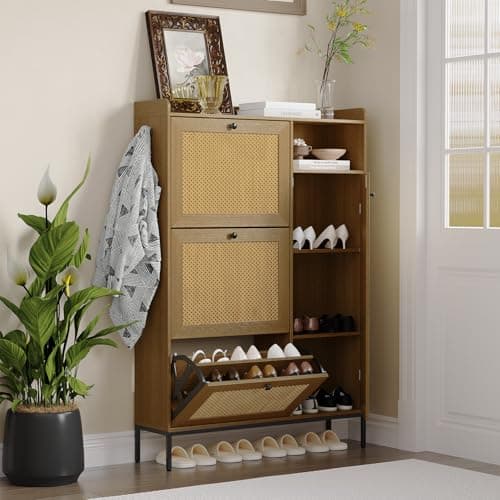Shoe Cabinet, Natural Rattan Freestanding Shoe Organizer with 3 Flip-out Drawers and 4 Open Shelves Side Cabinet, Slim Wood Shoe Rack with Metal Legs for Entryway, Hallway, Living Room (Natural Color)