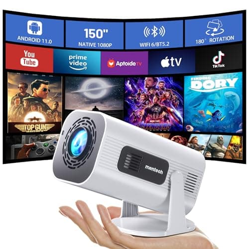 Mini Projector with WiFi and Bluetooth, 180°Adjustable Stand Smart Projector, 150" Portable Projector with Android TV 11.0, 2.4G/5G, Native 1080P, 300 ANSI Auto Keyston Outdoor/Home Movie, White