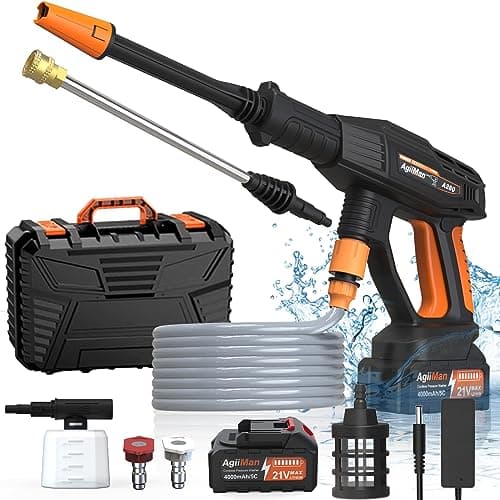 AgiiMan Cordless Pressure Washer - MAX 1000 PSI Battery Powered Pressure Washer, 21V Portable Cordless Power Washer with Rechargeable 4.0Ah Battery for Car/Fence/Floor/Patio Cleaning & Watering Orange