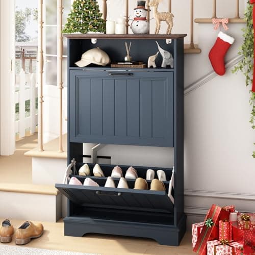 Shoe Storage Cabinet with 2 Flip Drawers, 24" W Farmhouse Modern Hidden Shoes Rack with Adjustable Shelves & Open Storage, Narrow Slim Shoe Organizer for Front Door Entrance, Entryway, Navy Blue