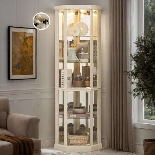CKEASEAN Corner Curio Cabinet, 70" H Lighted Glass Display Cage with Tempered Glass Doors and 5 Adjustable Shelves, Light Bulb Inclued, Wine Bar China Cabinet for Living Room (White)