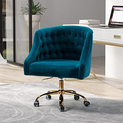 Velvet Home Office Chair with Gold Base, Comfortable Modern Cute Desk Chair, Adjustable Swivel Task Chair for Living Room Bedroom Vanity Study, Teal