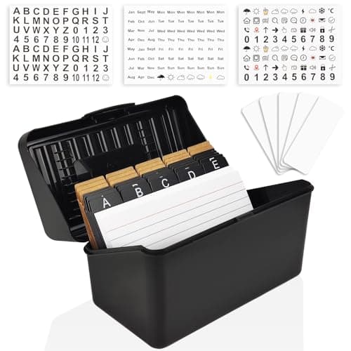 YOIYINI Index Card Holder,3"x5"Index Card Box with Ruled Index Cards,Dividers,Stickers and Box Labels,Black Note Card Organizer for Flash Cards