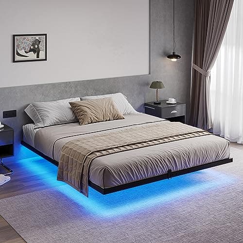 Hasuit Floating Bed Frame Queen Size with LED Lights, Metal Platform Queen Bed, No Box Spring Needed, Easy to Assemble (Queen)