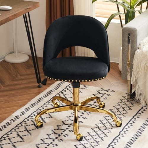 VINGLI Modern Velvet Small Office Chair,Cute Desk Chair with Wheels,Gold Base/Studs, Comfy Armless Swivel Vanity Task Chair for Women/Girl/Kids, Nail Tech Chair for Bedroom,Small Space,Black