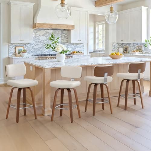 Cozyman Swivel Counter Height Bar Stools Set of 3, 26" Upholstered Seat Barstools with Back Walnut Wood Legs, Mid-Century PU Leather Bar Stools with Footrest for Island/Kitchen/Counter/Bar, White