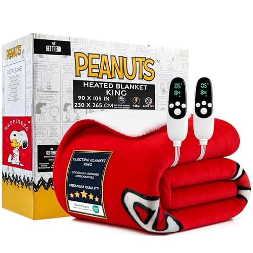 Get Trend Peanuts Snoopy Heated Blanket Electric, King Size Luxurious Fleece Blanket, 9 Heat Settings Auto Shut-Off, 90x105in, Gifts for Mom, Grandma, Grandpa (Red Snoopy, King US)