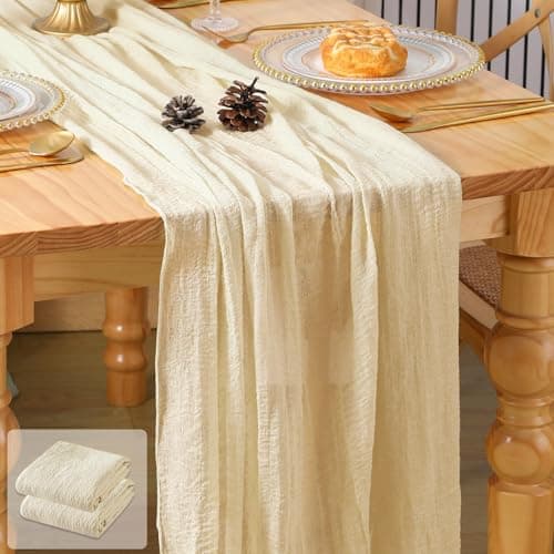 GARENY 2 Pack 10 Ft Cheesecloth Table Runner 120 Inches Long Boho Ivory Cream White Cheese Cloth Table Runner for Baby Shower Decorations Wedding Decor Holiday Party Centerpiece Table Decorations