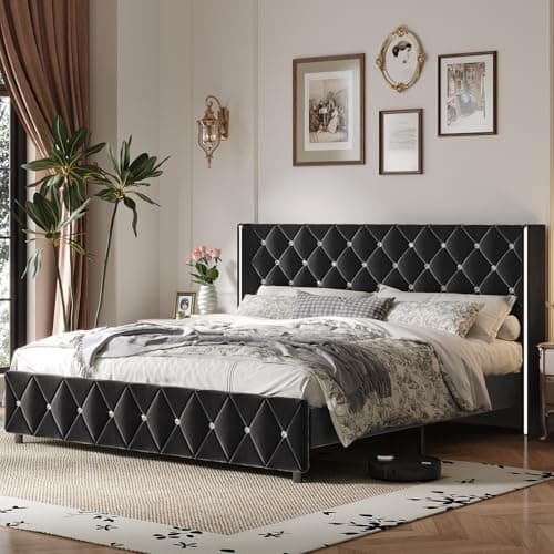 HOMBCK King Size Bed Frame Black, Velvet Upholstered Bed Frame King with Diamonds Tufted Headboard and Footboard, Wooden Slats Support, No Box Spring Needed, Easy Assembly, Black