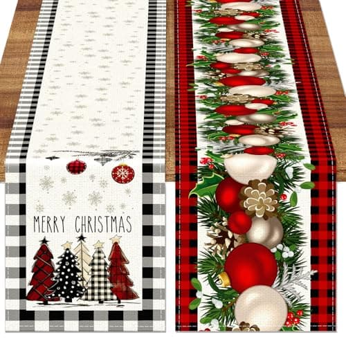 TOYPOPOR Set of 2 Christmas Table Runner, Including Buffalo Linen Christmas Trees Table Runner and Holly Tree Table Runner for Xmas Holiday Seasonal Winter Decoration Indoor Outdoor Party Wedding 72in