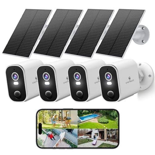 SYMYNELEC Solar Security Cameras Outdoor: 4-Pack Wireless Surveillance System - 2K Night Vision Motion Detection - Waterproof Home Monitoring Year-Round for Homeowners