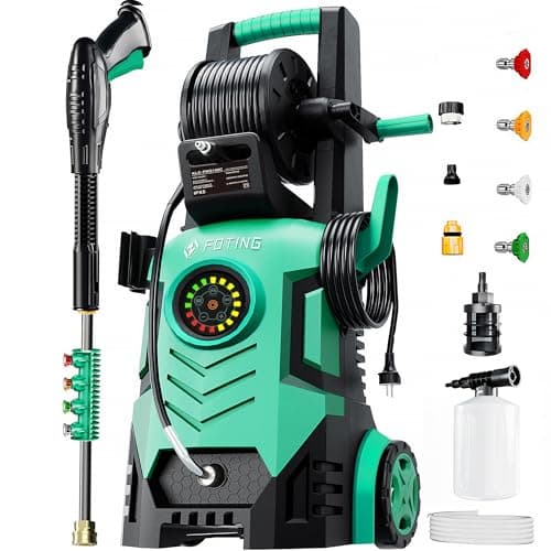FOTING 2025Upgraded Electric Pressure Washer with Adjustable Touch Screen 5000PSI 3.3GPM/8 Level, 4 Quick Connect Nozzles,Inlet Hose&Filter&Foam Cannon for Cars/Fences/Driveways/Home Cleaning,Green