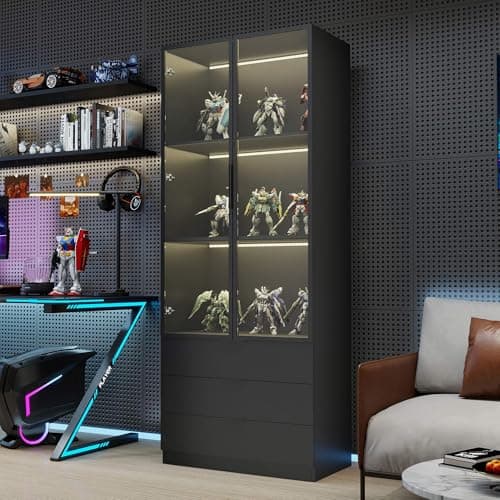 Vrmuxita Display Cabinet with Glass Doors: 79" Black Lighted Display Cabinet with 3 Drawers, Tall Bookcase with 2 Doors, Glass Door Bookcase for Living Room (Black)