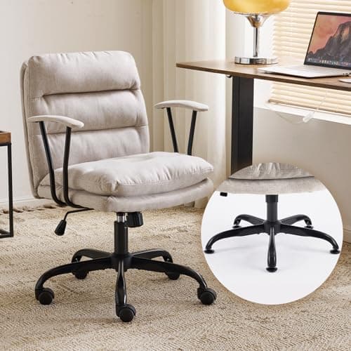 VINGLI Comfortable Office Desk Chairs with/No Wheels,Dual-Base,Removable Armrests,Adjustable Comfy Swivel Computer Task Nail Tech Chair for Office,Sewing,Makeup Vanity,Teen,Linen Fabric,Light Grey