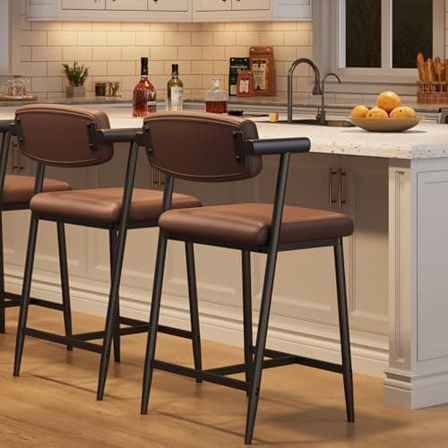 IDEALHOUSE Counter Height Bar Stools Set of 2 With Arms, 26" Upholstered Bar Stools With Back, Wider Seat, Modern Bar Stools Set With Footrest for Kitchen Island,Counter Bar,Easy Assembly,Rustic Brown