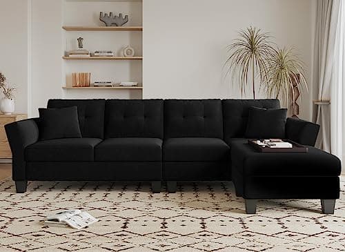 Belffin Convertible Sectional Couch Velvet L Shaped Sofa 4 Seat Sofa with Chaise L-Shaped Couches Reversible Sectional Sofa (Black, L Shaped Couch)