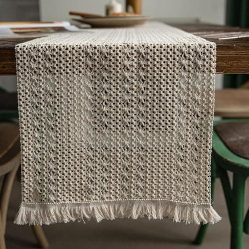 ZAIIVE Geometric Patterned Table Runner with Tassels ,Rustic Table Runners 70 Inches Long for Dresser Home Dining Table Decor (Beige, 12x70'')