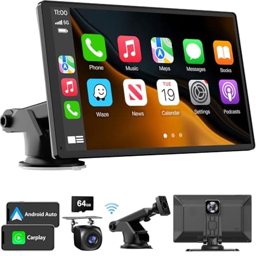 Portable Wireless CarPlay Touchscreen for Car: 4K Apple Carplay & Android Auto Car Play Screen with 4K Dash Cam/1080p Rear Camera/GPS Navigation/Bluetooth/Mirror Link/AirPlay (Black-9IN)