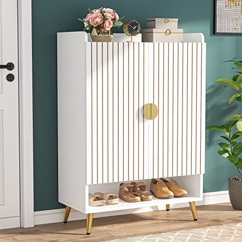 Tribesigns Shoe Cabinet with Doors, 6-Tier Shoe Storage Cabinet with Adjustable Shelves, Wooden Shoes Rack Shoe Storage Organizer for Entryway, Hallway, Closet, Living Room, White & Gold
