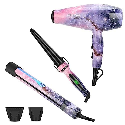 3 in 1 1875W Hair Dryer Straightening Curling Iron, PARWIN PRO BEAUTY Hair Styling Set, Valentine Gift, Ion Hair Dryer, Flat Iron Hair Straightener, Cone Curling Iron, Gift Set,Galaxy Pattern