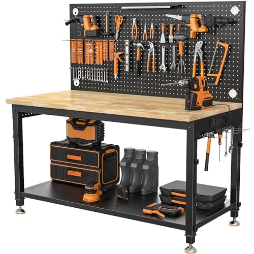 CAMMOO 48" Heavy Duty Work Bench Adjustable Height Max Load 2000 LBS with Storage Shelf for Garage Workbench, Rubberwood Tabletop with Pegboard, LED Light, Built-in Power Strip for Woodworking Shop